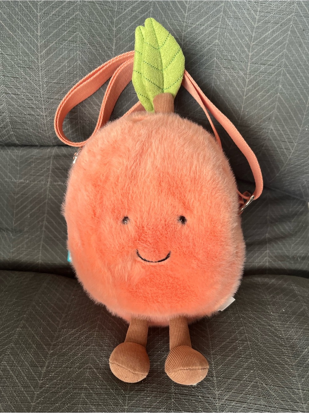 NWT Jellycat Peach Plush Crossbody Bag in Coral with Green Leaf 🍑